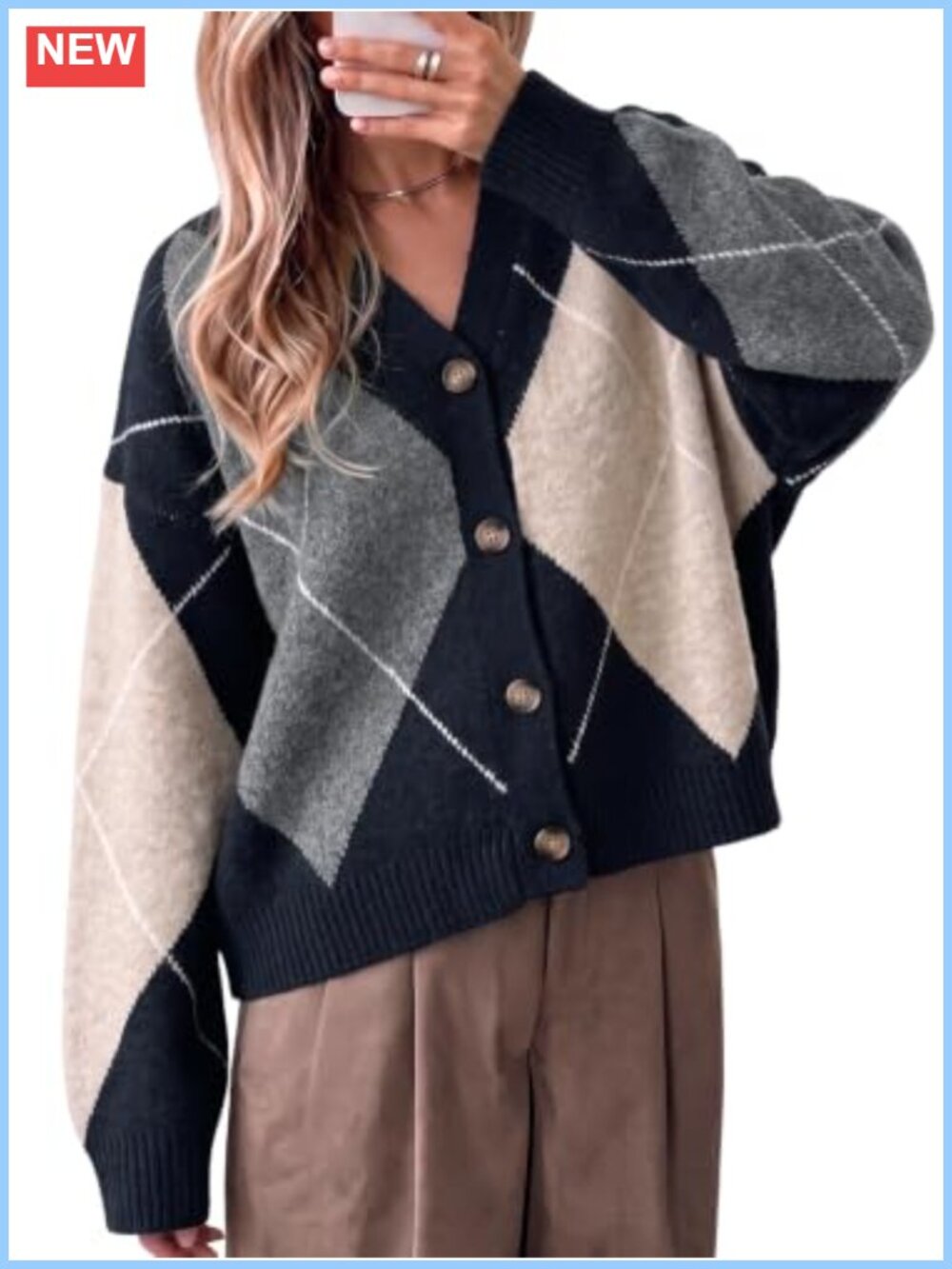 Vintage Argyle Cardigan Women Oversized Knit Sweater V-Neck Long Sleeve Fall